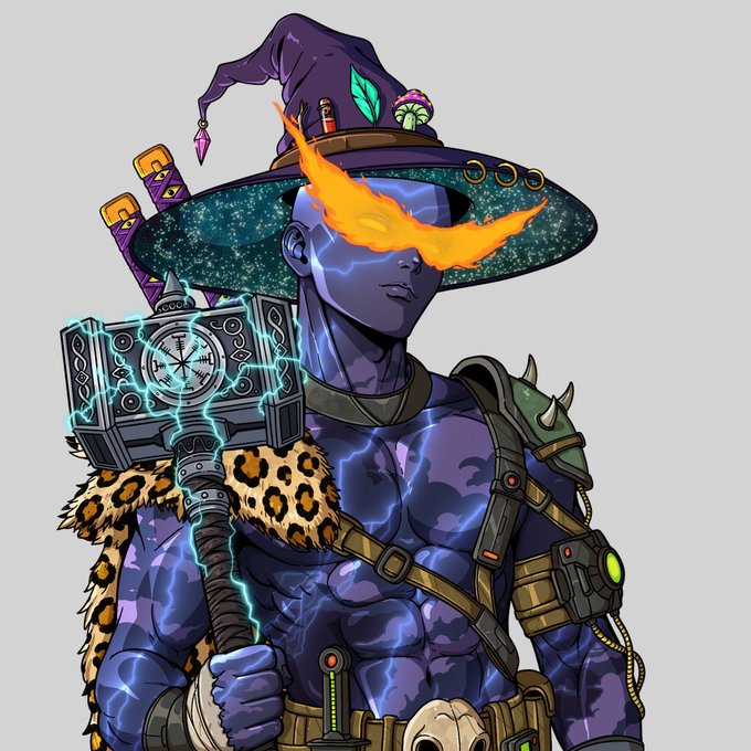 A purple-skinned sorcerer wearing a wizard hat adorned with potion bottles and a feather wields an enchanted hammer crackling with blue lightning, wearing leopard-print fur armor and spiked shoulder pads. The fiery visor and magical aura reinforce the wizard-themed "Wizzy Wednesday" post celebrating gSOLGODS.