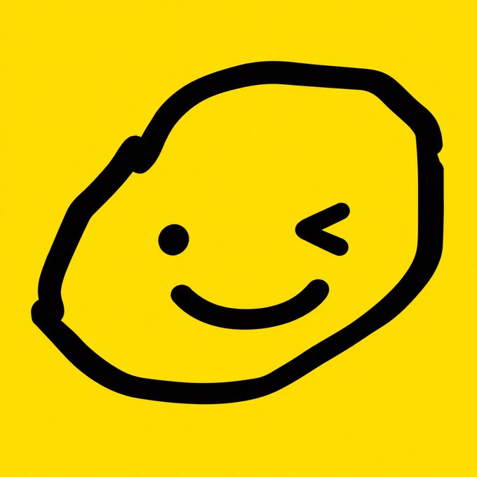 A simple black line drawing of a smiling winking face on a bright yellow background.