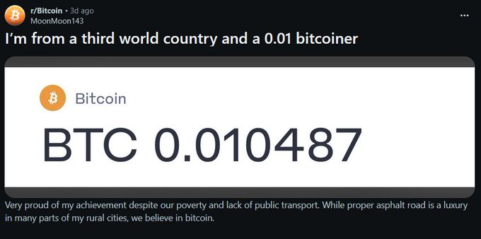 A Reddit post from r/Bitcoin by user MoonMoon143 featuring an image of their 0.010487 BTC balance and mentioning pride in their achievement from a third world country.