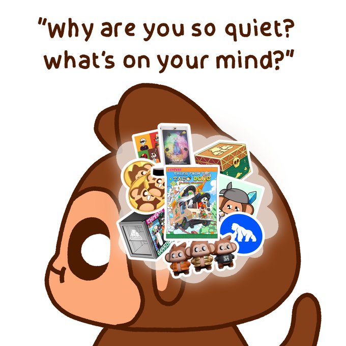 The image features a cartoon monkey with its head filled with various items, including books, toys, and other objects. The monkey appears to be thinking or pondering about these items as they fill up its head. The caption of the image reads, "Why are you so quiet? What's on your mind?" This suggests that the monkey is contemplating what it has in its head, possibly trying to make sense of the various objects and their significance.