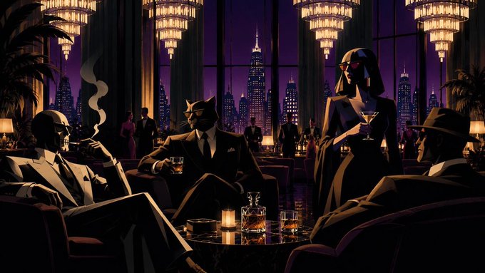 An atmospheric, art deco-inspired illustration depicts a glamorous, noir-style rooftop lounge scene where anthropomorphic figures—including a smoking skull-like character, a suited individual with a feline mask, and a tuxedoed man in a fedora—mingle beneath cascading chandeliers against a purple-hued city skyline. The scene visually reinforces the post's invitation to an exclusive "Top Floor Fun" NFT project, evoking the high-society, members-only exclusivity the WL promotion promises.