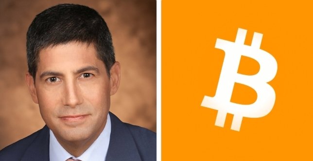 A professional headshot of a man in a dark suit (likely representing Fed Chair Kevin Warsh) appears alongside the white Bitcoin "₿" logo on an orange background, visually pairing the central bank figure with the cryptocurrency mentioned in the post about Jackson Hole and its potential market impact.