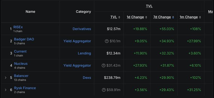 This screenshot displays a table of DeFi protocols with their Total Value Locked (TVL) and recent changes, including Balancer with $238.79m TVL and +102% 1m growth, showing growth even during a bear market as implied by the accompanying text.
