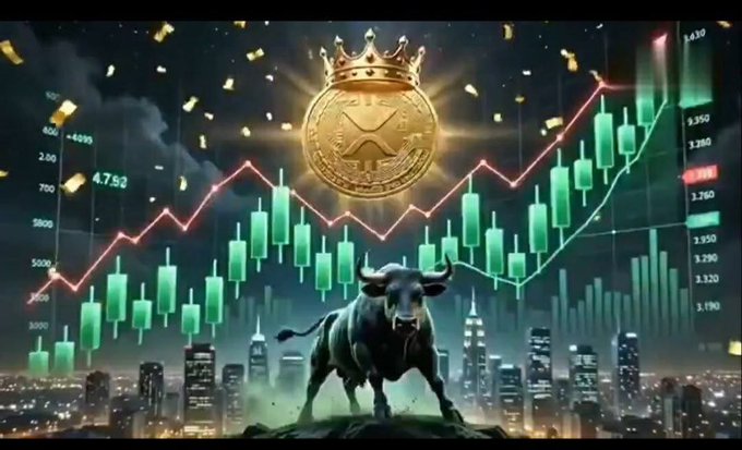 A crowned XRP coin rises above a charging bull against a backdrop of rising green candlestick charts and a glowing city skyline, visually symbolizing bullish momentum and regulatory clarity. The image reinforces the post's question about whether XRP is poised for a breakout following the Senate's Crypto Clarity Act draft.