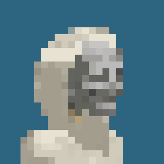 A low-resolution pixel art portrait of a person with light hair wearing dark sunglasses, set against a solid blue background.