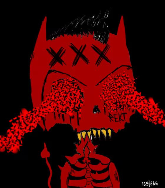 A dark and eerie digital drawing of a red demonic figure with X'd out eyes and sharp yellow teeth, with the text 'NEXT' and '159|666' visible.