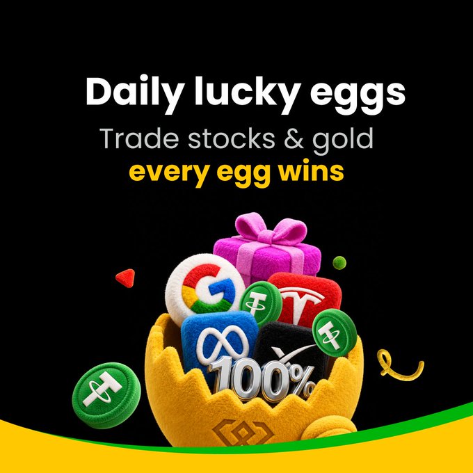 An advertisement for 'Daily lucky eggs - Trade stocks & gold every egg wins' featuring a yellow egg filled with app icons including Google, Tesla, and Meta logos.