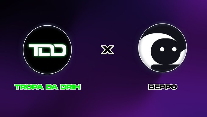 A logo collaboration graphic featuring 'TDD (TROPA DA BRIH)' on the left and 'BEPPO' on the right against a dark purple background.
