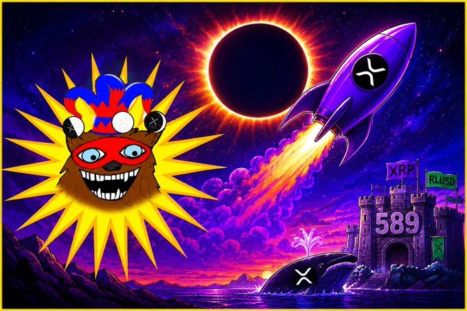 A vibrant psychedelic digital artwork featuring XRP crypto themes: a purple rocket with the XRP logo flying past a solar eclipse, a sun-masked bear character, a castle labeled "589" with XRP and RLUSD flags, and an XRP whale in the water.
