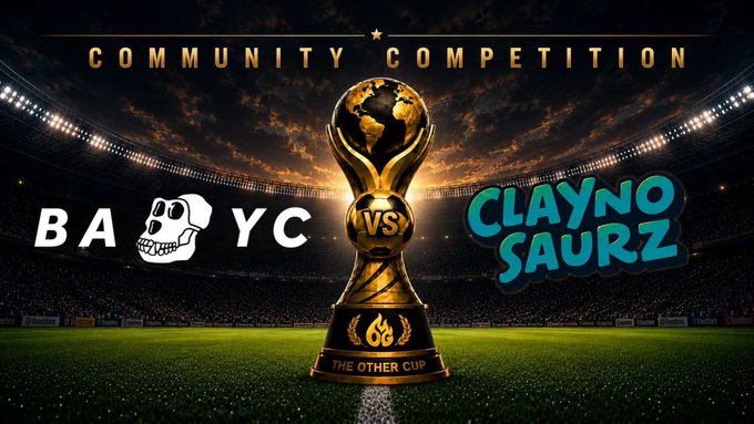 The image features a trophy, likely a soccer trophy, placed in the center of an advertisement for a community competition. The text above the trophy reads "vs For the first time, Clayno and BAYC are going head-to-head in a community competition." Below this, there is another text that says "vs For the first time, Clayno and BAYC are going head-to-head in a community competition." The image also includes a logo for a game called "Clayno Sauz" on the right side.
