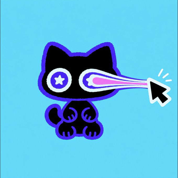 A cartoon illustration of a black cat-like character with a glowing purple eye being stretched into a pink streak toward a computer cursor on a cyan background.