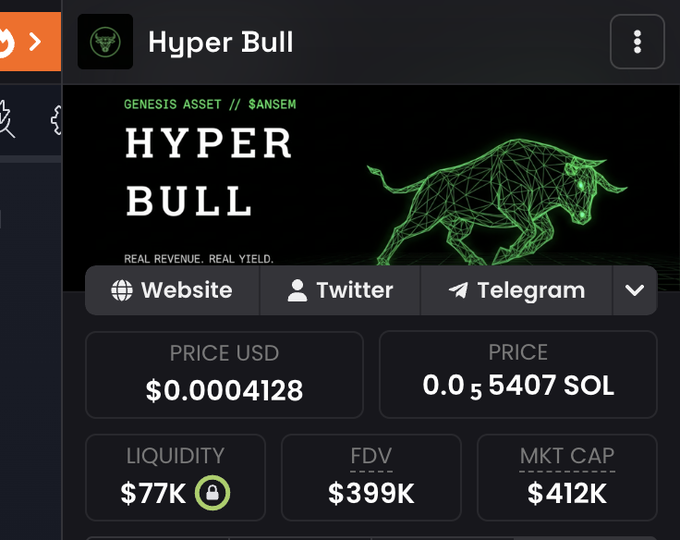 The image shows a cryptocurrency token page for "Hyper Bull" ($HBULL) on the Solana blockchain, displaying a price of $0.0004128 USD (0.0055407 SOL), with $77K liquidity, $399K FDV, and $412K market cap, alongside links to its Website, Twitter, and Telegram. The post highlights the developer behind the token, noting his success in growing ANSEM to over $400M, and suggests $HBULL is positioned to follow a similar trajectory through giveaways, rewards, and buybacks.