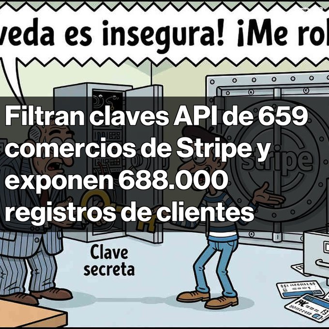 A cartoon illustration overlaid with Spanish text: "Filtran claves API de 659 comercios de Stripe y exponen 688.000 registros de clientes" depicting characters with a safe labeled "stripe" and a "Clave secreta" key.