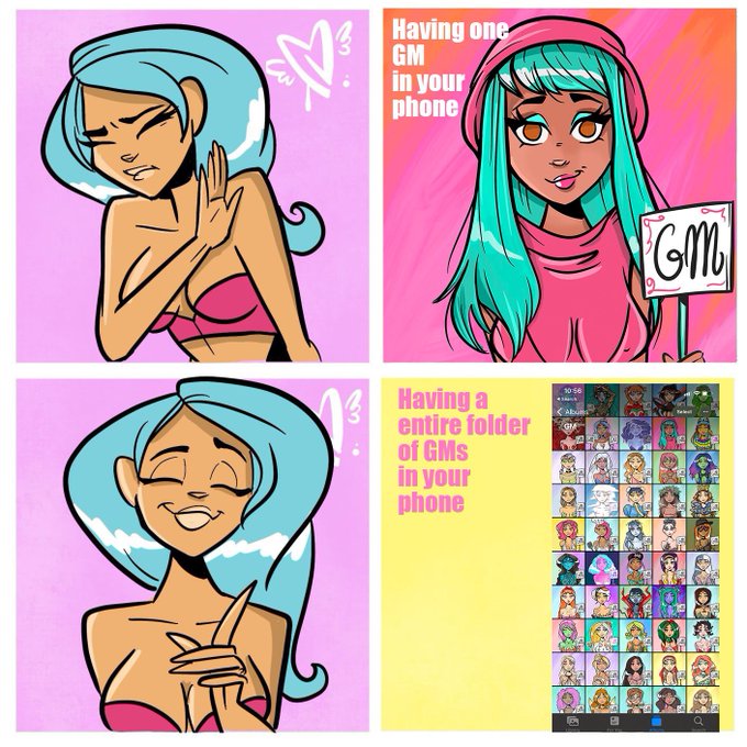 This image is a four-panel meme comparing reactions to having different amounts of "GM" (Good Morning) NFTs on your phone: rejecting one (top-left), casually accepting a single GM (top-right), and being delighted by an entire folder of GM avatars (bottom-right). The accompanying post greets fellow MetaVixensNFT, theinkedminkNFT, and JakeBalchNFT with morning love, playfully embodying the meme's enthusiastic spirit of collecting and sharing GM NFTs with the community.