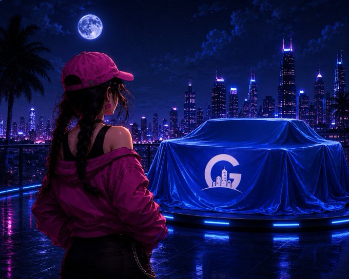 A woman in a pink cap and jacket stands before a draped vehicle emblazoned with a "G" logo, gazing at a neon-lit city skyline under a full moon—mirroring the teaser post's hint of an upcoming reveal tied to their Web3 builder identity on Base.