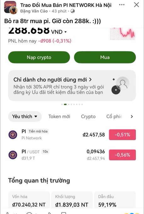 A Vietnamese mobile crypto-trading screen showing PI (Pi Network) at ₫2,457.58, down 0.51%, and PI/USDT at 0.09436, down 0.56%, with buttons labeled “Nạp crypto” and “Mua.”