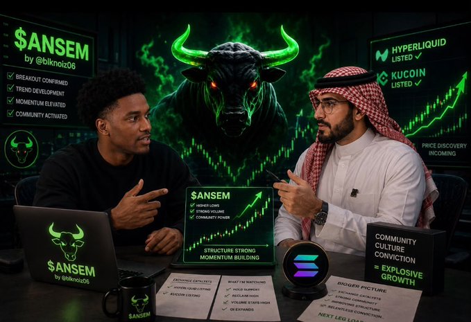 The image shows two men discussing the "$ANSEM by @blknoiz06" cryptocurrency, with promotional overlays highlighting "HYPERLIQUID LISTED," "KUCoin LISTED," and a glowing green bull symbol indicating bullish momentum. A central display features a rising chart labeled with "HIGHER LOWS," "STRONG VOLUME," and "COMMUNITY POWER," visually reinforcing the post's message about sustained upward price action and strong buying interest.