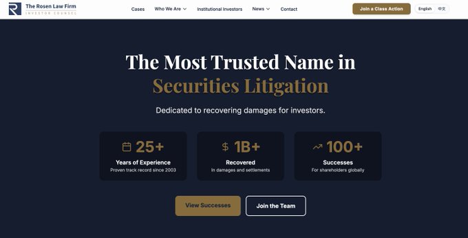 The image shows the homepage of The Rosen Law Firm's website, featuring the headline "The Most Trusted Name in Securities Litigation" with key stats including 25+ years of experience, $1B+ recovered, and 100+ successes. This aligns with the post highlighting the firm's renowned reputation in stock-related class-action lawsuits against entities like Strategy and Michael Saylor.