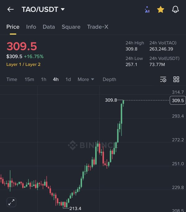 A Binance cryptocurrency trading chart for TAO/USDT showing a price of 309.5 (+16.75%) with a 4-hour candlestick chart displaying an upward trend.