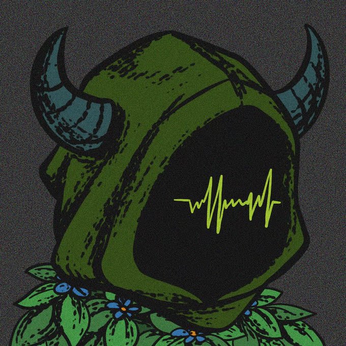 An illustration of a green horned helmet with a yellow heartbeat/pulse line on the black face opening, resting on leaves with blue flowers against a dark background.