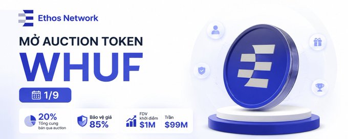 An Ethos Network banner advertising a WHUF MŌ Auction Token sale on 1/9, with 20% total supply, 85% bid guarantee, $1M FDV, and $99M target.