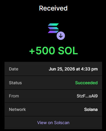 A screenshot of a successful Solana transaction showing a receipt of +500 SOL dated June 25, 2026, from the wallet address 5tzF...uAi9 on the Solana network. The image serves as proof of a SOL airdrop, backing up the post's claim that the first 300 followers who submit their $SOL addresses with notification screenshots will be eligible for the giveaway.