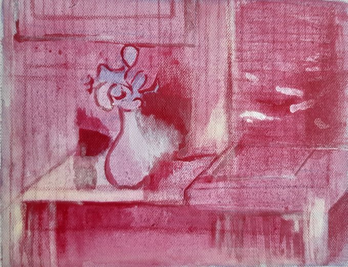 A loose, reddish-pink watercolor painting depicts a vase of flowers resting on a table or windowsill, with brushstrokes suggesting an open window.