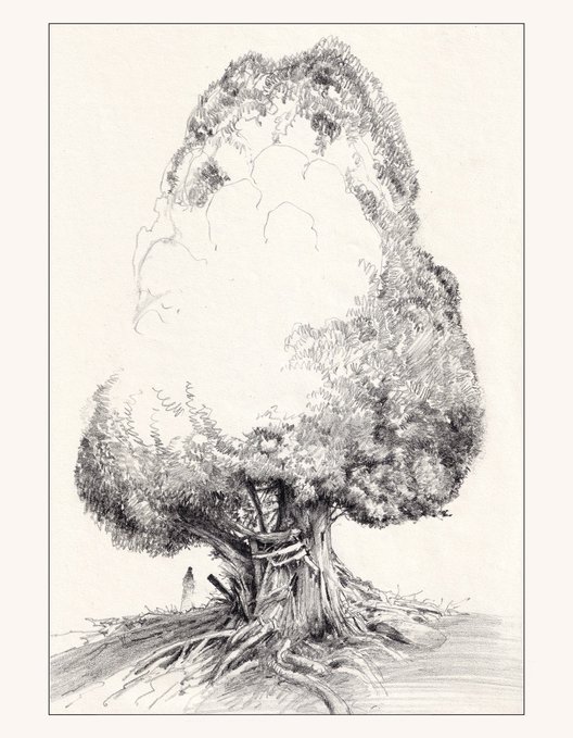 A graphite sketch depicting a large, gnarled tree with a hollowed-out canopy, beneath which a small solitary figure stands, evoking a sense of awe and scale. The artwork is being offered as a Limited Edition Fine Art Print, with only 25 signed copies available for collectors seeking a unique, contemplative piece.