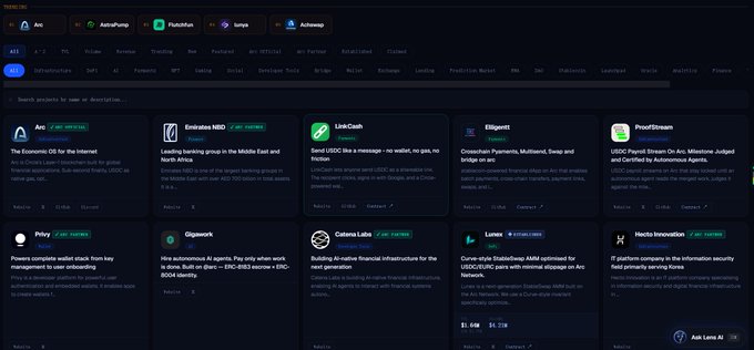 Dashboard of a crypto launchpad/investment platform (likely Ape) showing AI-powered token analysis projects including Arc, AstraPump, FluteFire, io.nys, AzhSwap, Emirates NBD, LinkCash, Ellipxnt, ProofStream, Pixby, Gigswork, Catanix Labs, Lumos, and Hecto Innovation.