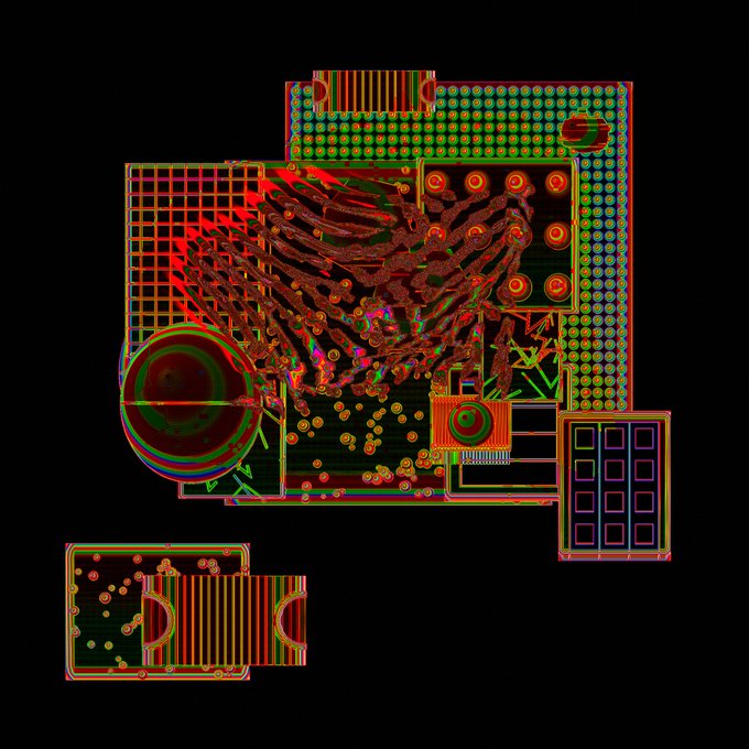 An abstract digital glitch art composition displays overlapping red, green, and blue geometric patterns and textures against a black background.
