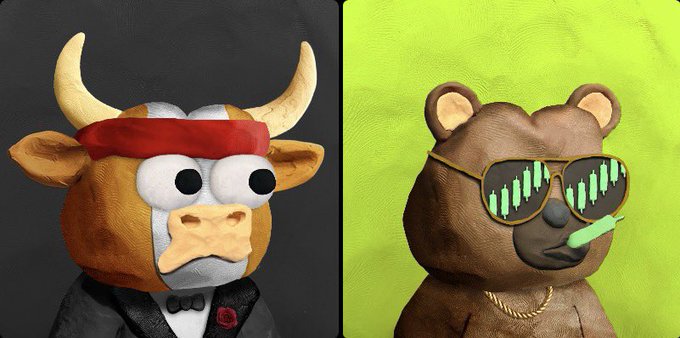 A split image showing a claymation-style bull wearing a red headband and a tuxedo on the left, and a claymation-style bear wearing shutter shades and a gold chain on the right.