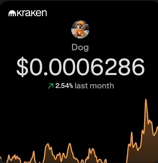 A Kraken cryptocurrency app screenshot showing the price of a token called 'Dog' at $0.00006286, with a green arrow indicating a 2.54% increase over the last month, alongside a price chart and a dog wearing a hoodie as the icon.