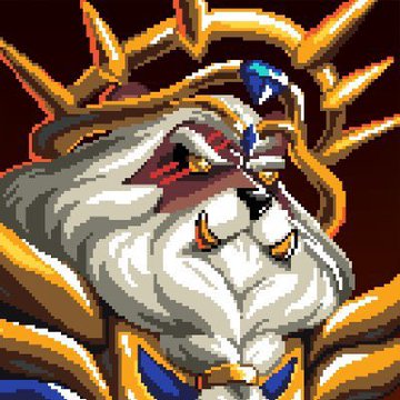 A pixel art illustration of a bearded wizard-like character wearing a wide-brimmed hat adorned with a blue gem, with glowing red eyes and a spiked halo behind him.