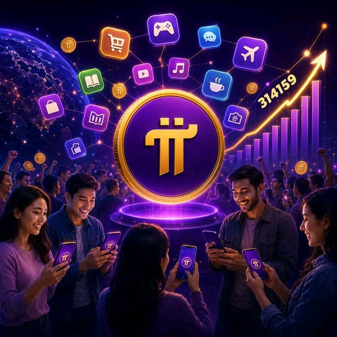 A vibrant promotional image showcases a glowing Pi Network coin at its center, surrounded by app icons (shopping, gaming, music, travel, coffee, books) connected by a network web, with people holding Pi-branded phones below and an upward chart displaying "314159." The image visually reinforces the post's message about Pi's growing real-world utility, illustrating how app demand and user adoption drive Pi's value upward.