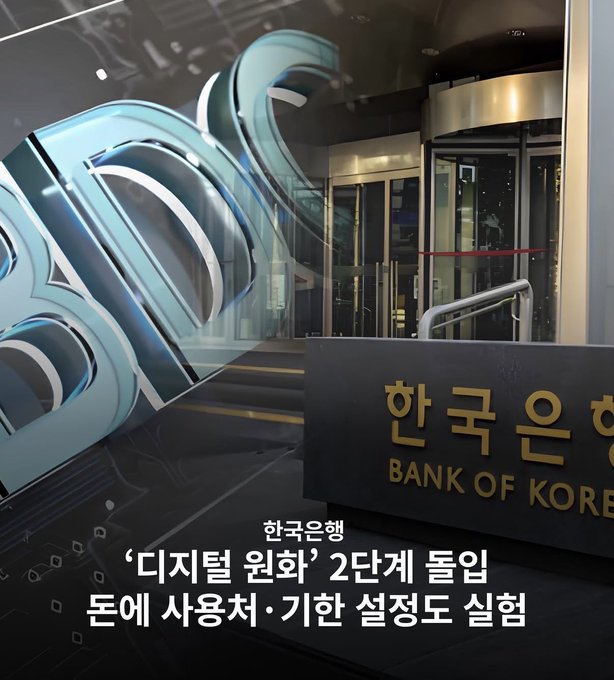 The image shows the entrance of the Bank of Korea (한국은행) with a revolving door and a sign reading "한국은행 BANK OF KOREA." Korean text overlay announces a two-month pilot program to test a "digital won" with selected consumers and merchants.

The caption underscores the post's message: by piloting a central bank digital currency (CBDC) with usage caps and expiration features, the Bank of Korea demonstrates how programmable money could give authorities direct control over how long funds last and where they can be spent—a tangible example of why critics argue CBDCs threaten financial freedom.