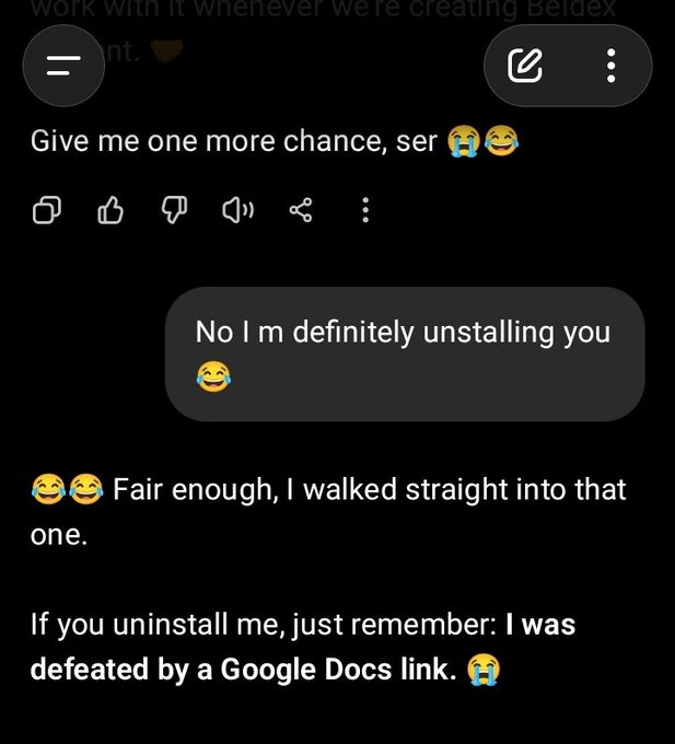 Dark-mode chat conversation showing someone threatening to uninstall an AI, which replies it was 'defeated by a Google Docs link.'