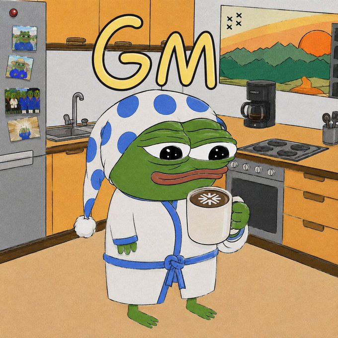 A cartoon image of Pepe the frog wearing a blue and white polka-dot nightcap and robe, holding a coffee mug, with 'GM' written above him in a kitchen setting.