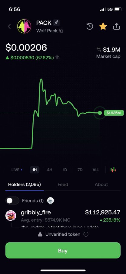 A screenshot of the "PACK" (Wolf Pack) token trading page showing a price of $0.00206 with a 67.62% gain in 1 hour, market cap of $1.9M, and 2,095 holders, including one top holder "gribbly_fire" with $112,925.47 in holdings (up 235.18%). The chart illustrates the recent sharp price spike referenced in the caption, supporting the post's commentary about the token being spotted by a major trader ("quanterty") and the broader surge in shitcoins fueled by eager Robinhood liquidity.