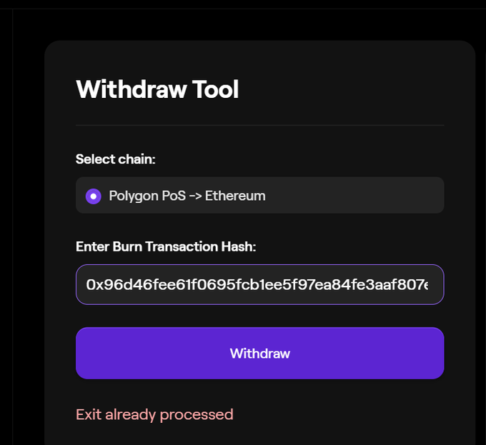 A dark-themed 'Withdraw Tool' interface for selecting Polygon PoS → Ethereum chain and entering a burn transaction hash, with a prominent purple 'Withdraw' button.
