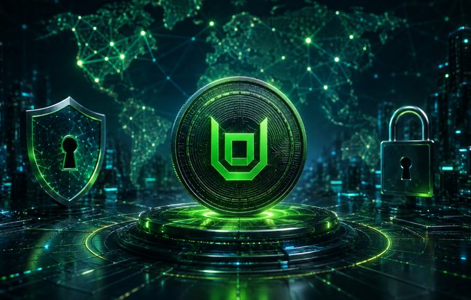 A glowing green cryptocurrency coin with a shield-like emblem sits on a futuristic platform flanked by a digital shield and padlock, with a world map and city skyline in the background.