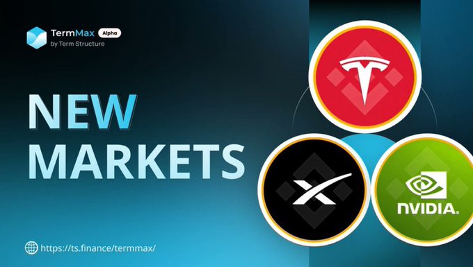 A promotional graphic for 'TermMax Alpha' by Term Structure announces 'NEW MARKETS,' featuring circular logos for Tesla, Nvidia, and another crypto token against a dark gradient background, with the URL 'https://ts.finance/termmax/' displayed.
