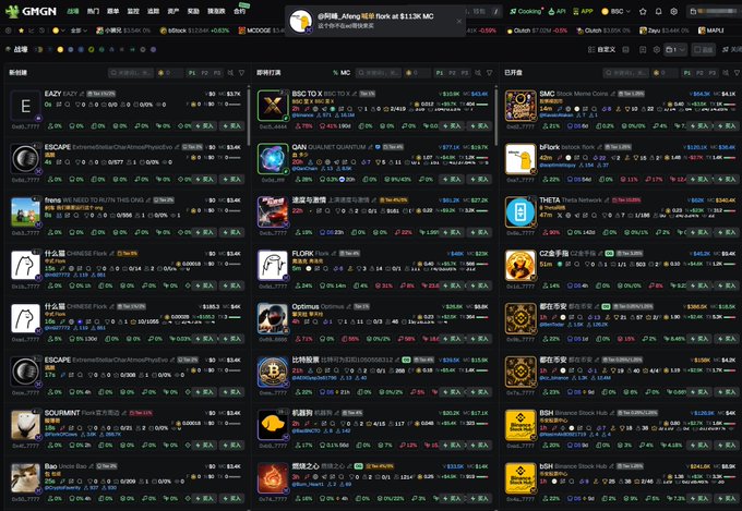 The image shows the GMGN cryptocurrency analytics dashboard displaying real-time market data across multiple columns (新现货/Recent Spot, 聪明钱/Smart Money, 日内看/Intraday) with various tokens like BSC TO X, OAN, Optimus, QIAN QUANTUM, bFork, THETA, and SOL/USDM pairs showing price changes, liquidity figures, and percentages. This relates to the post's reference to GMGN as a tool used by professional players to monitor trending tokens and find potential 100x meme coin opportunities on-chain.