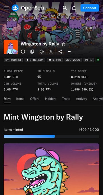 An OpenSea NFT collection page for 'Wingston by Rally' on Ethereum shows 1,609/3,000 items minted at 0.02 ETH floor price, with a purple dragon character artwork displayed.