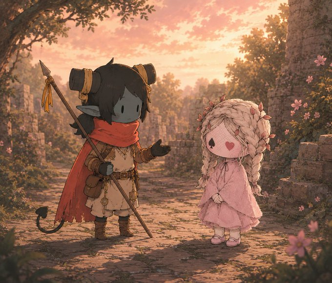 Two adorable, doll-like characters stand facing each other on a stone path in a sunlit, overgrown ruin—one a horned figure in a red cape holding a spear, the other a pale, braided-haired girl in a pink dress with a heart over one eye. The image embodies the post's sentiment of "Pyo rejects no one," depicting the gentle, inclusive charm of the artist WastelandRH's signature style.