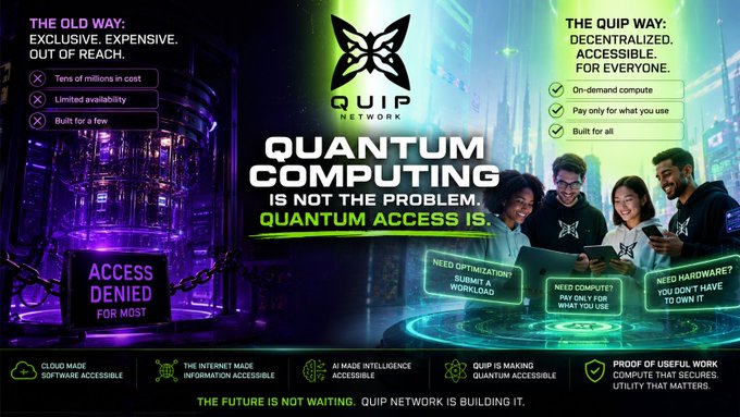 The image shows a poster or advertisement featuring a group of people gathered around a computer screen, with the text "Quantum Computing is not the problem. Quantum access is." The poster also includes a quote from Quip Network about their unique approach to cloud computing.