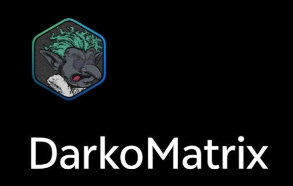 The image displays a hexagonal profile picture featuring a stylized, dark-skinned creature with green flame-like hair and red eyes, with the text "DarkoMatrix" displayed prominently below. This appears to be a personal branding/logo design used as a profile picture, consistent with the post's mention of it being used as a PFP on OpenSea.