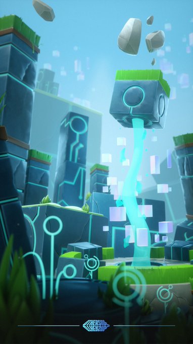 A vertical fantasy environment shows moss-topped stone ruins with glowing cyan circuit-like markings, floating rock fragments, and a large suspended block pouring a bright turquoise energy stream into the landscape below. The scene matches “Veldan,” emphasizing mysterious energy-infused architecture and a sense of reverence toward unknown builders; no readable text is visible beyond a small blue stylized emblem near the bottom.