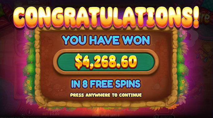 The image shows a vibrant slot machine win screen displaying "CONGRATULATIONS! YOU HAVE WON $4,268.60 IN 8 FREE SPINS," which serves as visual proof of the user's gambling success mentioned in the post about sending crypto (SOL) from their big win.