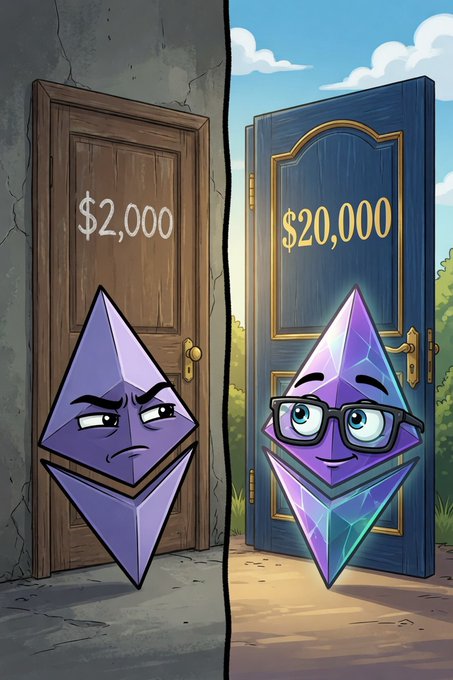 The image contrasts two Ethereum logos: a dull, unimpressed purple diamond on the left standing before a worn wooden door labeled "$2,000," and a vibrant, smiling diamond wearing glasses on the right in front of an ornate blue door marked "$20,000." The visual metaphor illustrates how clarity and confidence can propel ETH toward its higher valuation potential.