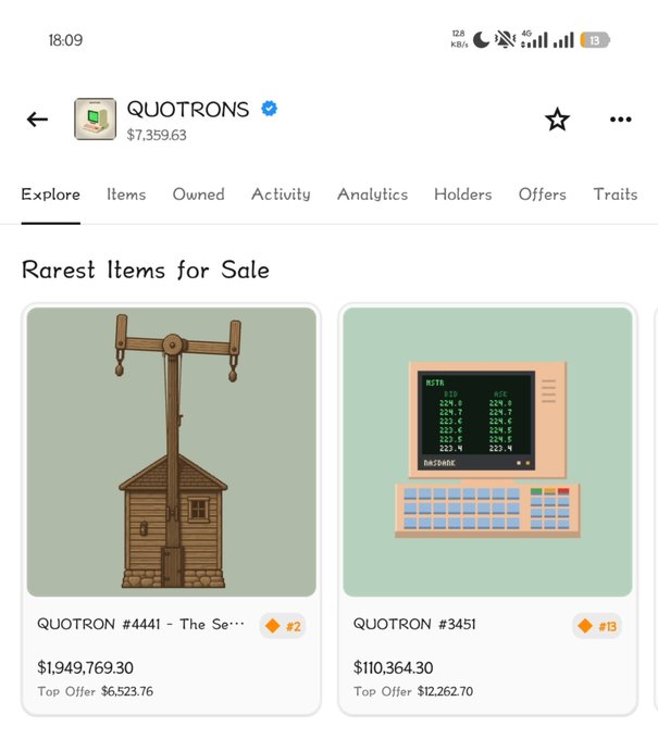 The image shows a screenshot of an OpenSea-like NFT marketplace displaying "QUOTRONS" collection items for sale, with the top listing "QUOTRON #4441 - The Se..." priced at $1,949,769.30 (Top Offer $6,523.76) and a second listing "QUOTRON #3451" at $110,364.30 (Top Offer $12,262.70). The accompanying post ">>>>>>>" likely represents a trending or forward arrow symbol pointing toward these high-priced, rare NFT collectibles.